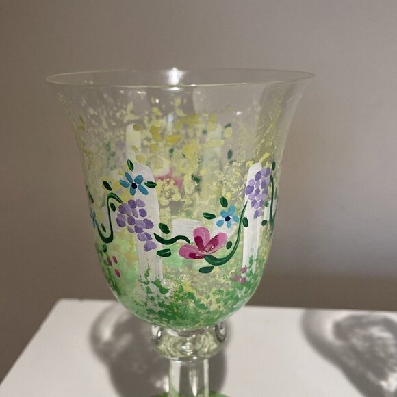 Art Glass Stemmed Goblets Wine or Water Glasses Hand Painted Flowers Signed "CR" - Picture 3 of 11